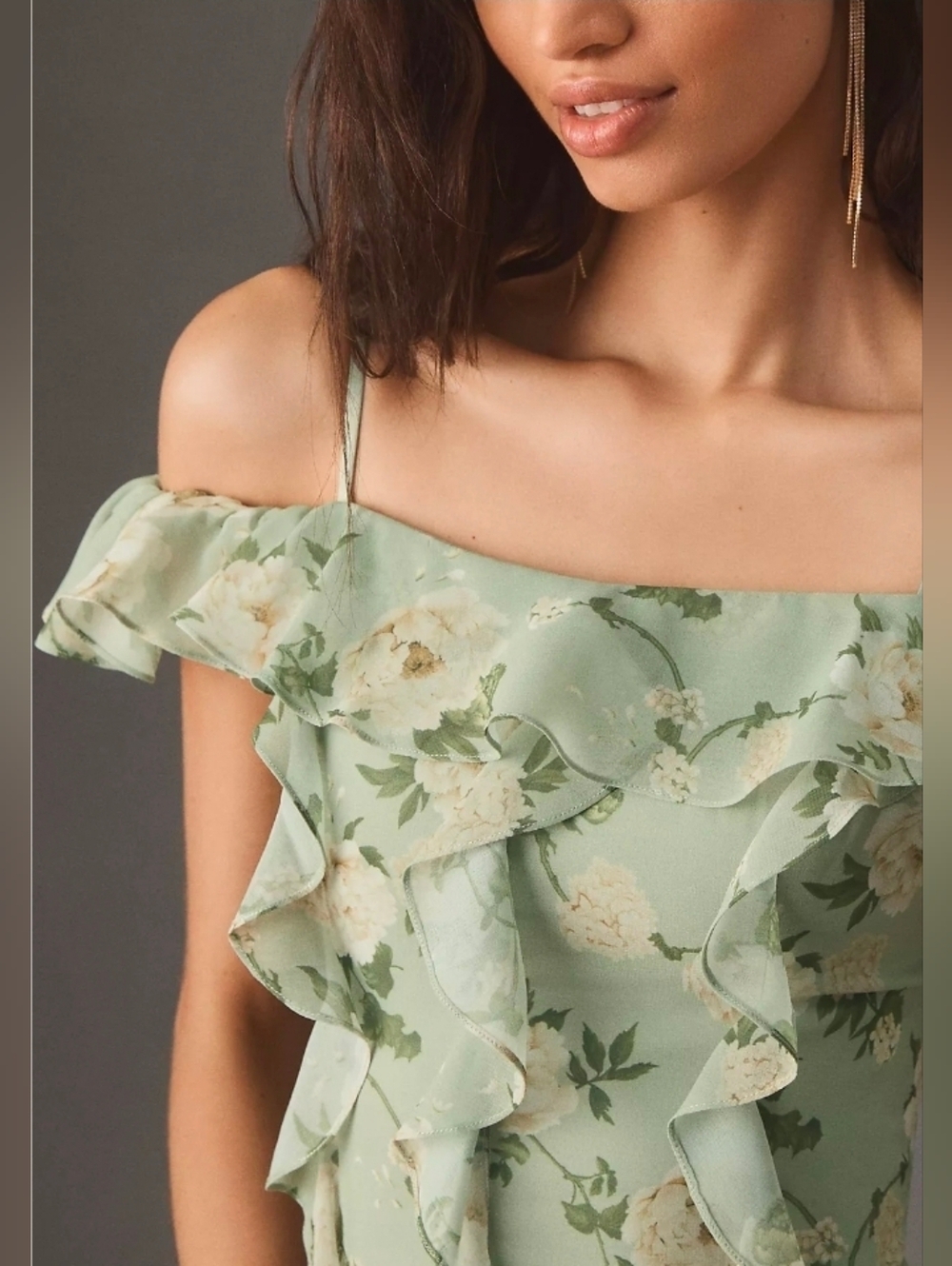 Anthropologie BHLDN Sage Green Floral Ruffle Chiffon Maxi Dress - Picture 4 of 4